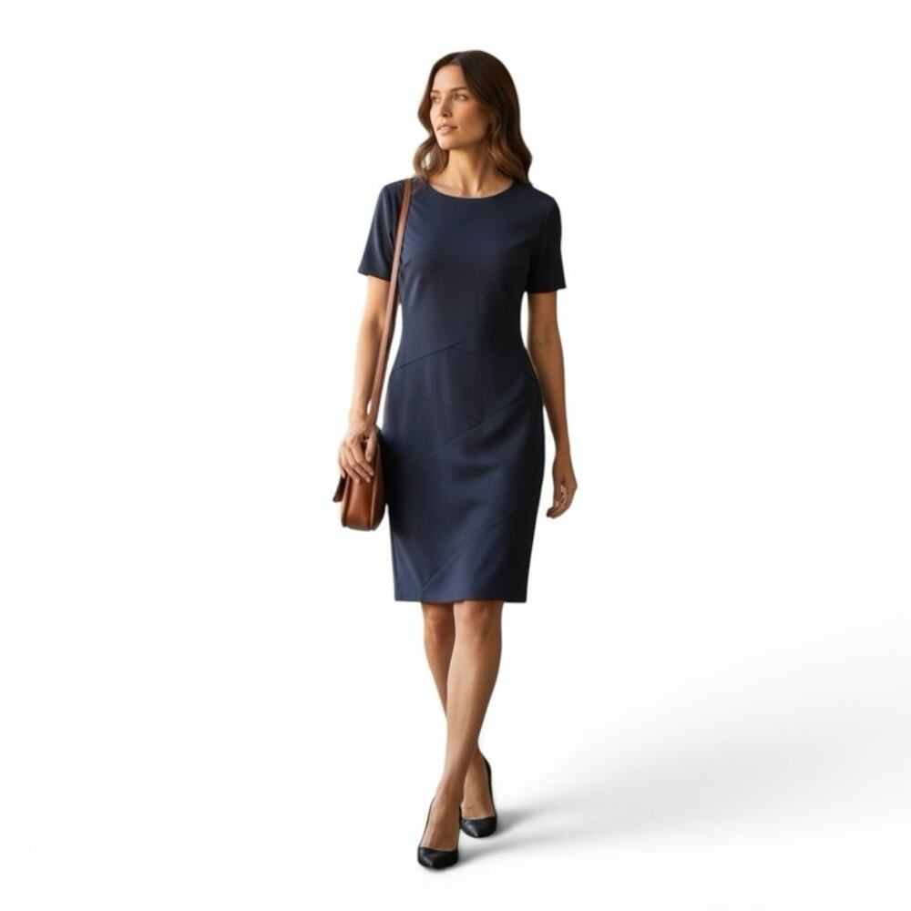 AB Studio Navy Blue Career Wear Short Sleeve Sheath Dress Size 16 Work Office